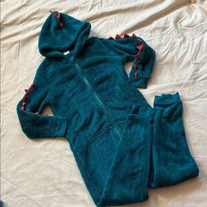 Hanna Andersson Teal Fleece dinosaur character zip suit kids size large